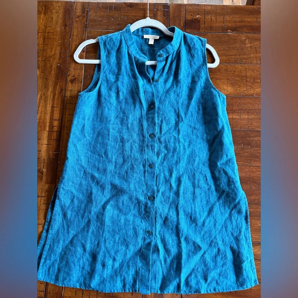Eileen Fisher Sleeveless Teal Linen Tunic - XXS - Linen, Clean Beauty - Picture 1 of 7